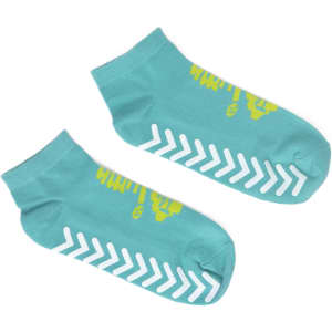 A pair of teal short gripper socks with white non-slip tread patterns and lime green accents.
