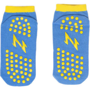 Custom short gripper socks in blue with yellow accents and non-slip dots, featuring a logo on the design.