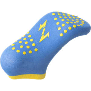 A blue sock with yellow grip dots and a lightning bolt design. It features a yellow cuff at the top.