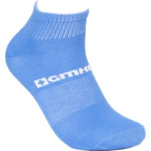 Light blue ankle-length gripper sock featuring a logo. Ideal for comfortable wear and grip.