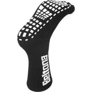Black crew socks with a textured grip pattern on the sole and branding on the side.
