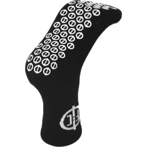 Black socks featuring textured grip patterns on the soles and a logo on the side.