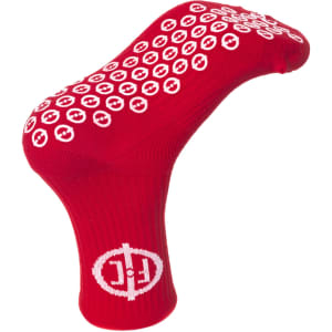 A pair of red Crew Gripper Socks featuring a textured grip pattern and a logo.