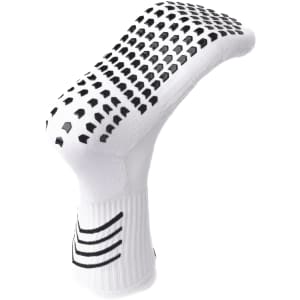 A pair of white socks with black grip patterns and a logo. The design features a fitted, athletic style.
