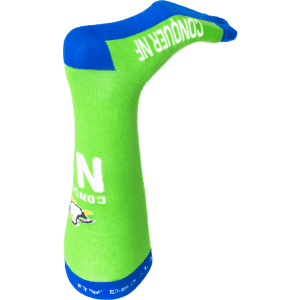 Knee high jacquard socks in bright green and blue, featuring a logo.