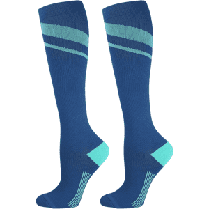 Knee high socks in dark blue with teal stripes and a branding logo. Ideal for sports or casual wear.