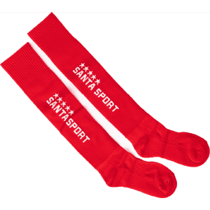 Knee high jacquard socks in bright red, featuring a logo on the front and ribbed cuffs.