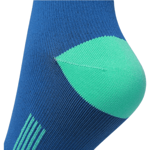 Knee high socks in blue with a green heel and toe section, featuring a logo.