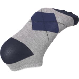 Ankle cut jacquard socks featuring a grey base with navy blue diamond patterns and solid navy toe and heel sections.