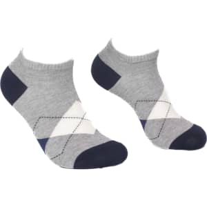 Ankle cut jacquard socks in grey, navy, and white with a geometric pattern. Features branding.