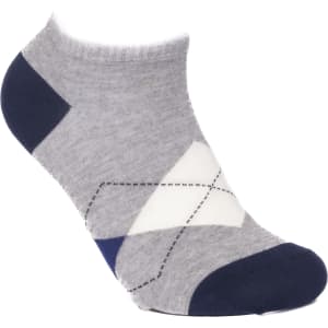 Ankle cut jacquard sock featuring grey, navy, and white colours with a geometric pattern and a logo.
