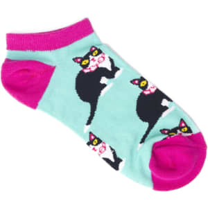 Ankle cut jacquard socks in teal and pink with playful cat designs wearing glasses. Features a logo.