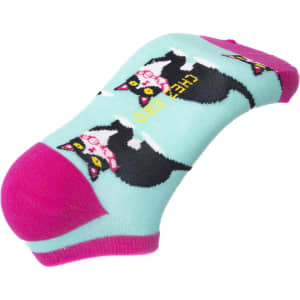 Ankle cut jacquard socks featuring a playful cat design in turquoise and pink. The product has a logo.
