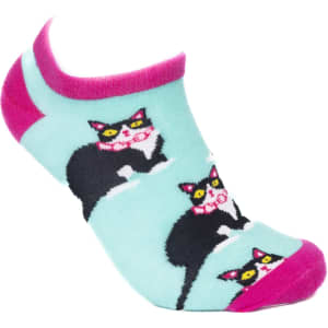 Ankle cut jacquard socks featuring a playful cat design, predominantly in teal with pink accents.
