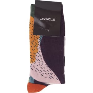 Crew sublimated socks in a multicolour design featuring shades of purple, orange, green, and blue, with a logo.