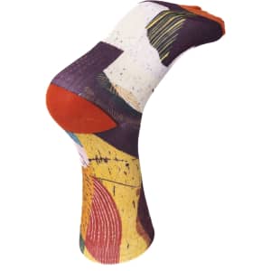 A pair of vibrant, multicoloured sublimated socks featuring abstract patterns and an orange toe. Includes a logo.