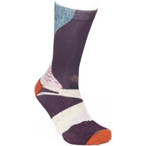 A pair of crew sublimated socks in purple, featuring abstract designs with orange, pink, and blue accents.