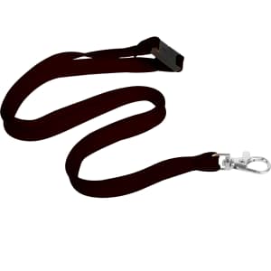 A maroon bootlace lanyard, 10mm wide, featuring a swivel clip and a logo.