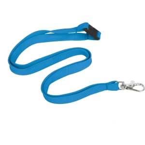 A blue bootlace lanyard, 12mm wide, featuring a swivel clip and a sturdy attachment point.