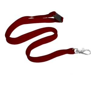 A red bootlace lanyard, 10mm wide, featuring a swivel clip and a logo.