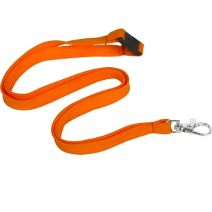 An orange bootlace lanyard with a swivel clip, featuring a sturdy design for exhibitions and events.