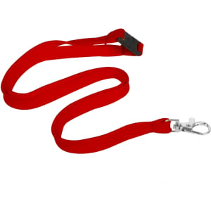 A red bootlace lanyard, 10mm wide, featuring a swivel clip and a logo. Ideal for exhibitions and events.