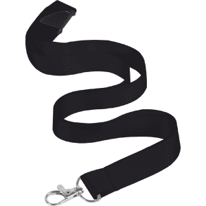 A black nylon lanyard, 15mm wide, featuring a swivel clip and a smooth, flat design.