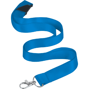 A blue nylon lanyard, 15mm wide, featuring a swivel clip for secure attachment. It has a black section near the clip.