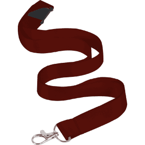A burgundy nylon lanyard 15mm wide featuring a swivel clip and branding logo. Perfect for events and exhibitions.