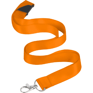 An orange nylon lanyard, 15mm wide, features a swivel clip attachment for easy use.