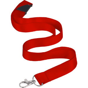 A red nylon lanyard, 15mm wide, featuring a swivel clip and a black attachment.