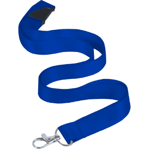 A blue nylon lanyard, 25mm wide, featuring a swivel clip and a logo.