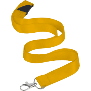 A yellow nylon lanyard 15mm wide featuring a swivel clip and a black safety break. It has a smooth finish.