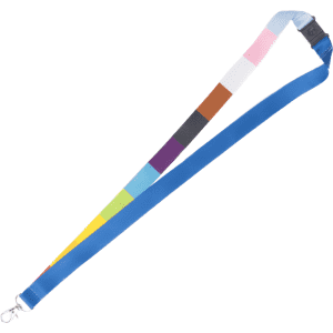 A dye sublimated lanyard featuring a mix of colours and a swivel clip, measuring 15mm in width.