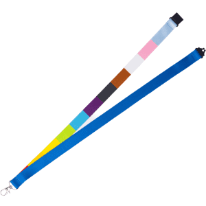 A dye sublimated lanyard with a swivel clip, featuring multiple colours including blue, pink, and yellow.