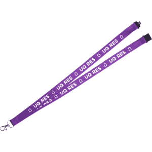 A purple dye sublimated lanyard with a swivel clip, featuring a logo and text design.