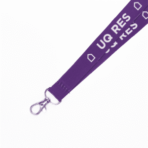 A purple dye sublimated lanyard featuring a swivel clip and a logo. Ideal for exhibitions and events.