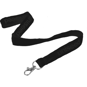A flat ribbed black lanyard, 15mm wide, featuring a swivel clip and a logo.