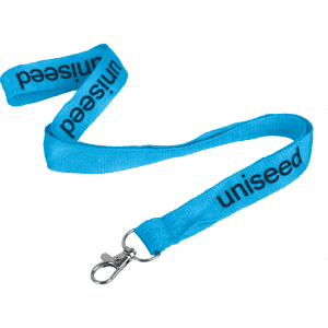 A flat, ribbed, 15mm wide lanyard in blue with a swivel clip and branding along its length.