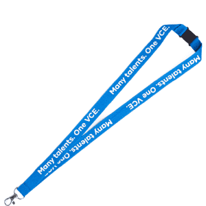 A blue flat ribbed lanyard, 15mm wide, featuring a swivel clip and a logo.
