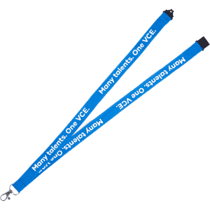A blue flat ribbed lanyard, 15mm wide, featuring a swivel clip and printed text.