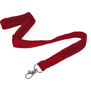A red flat ribbed lanyard, 15mm wide, featuring a swivel clip and a logo.