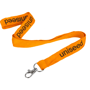 An orange flat ribbed lanyard, 15mm wide, featuring a swivel clip and a logo.