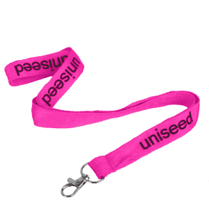 A pink flat ribbed lanyard, 15mm wide, featuring a swivel clip and a logo.