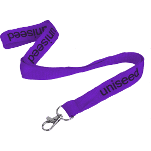 A purple flat ribbed lanyard, 15mm wide, featuring a swivel clip and a logo.