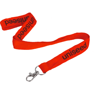 An orange flat ribbed lanyard, 15mm wide, with a swivel clip and branding.