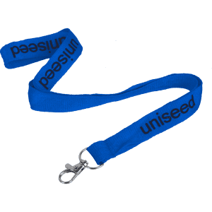 A blue flat ribbed lanyard 15mm wide with a swivel clip, featuring a logo.