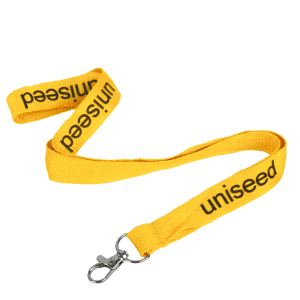 A flat ribbed lanyard in bright yellow, 15mm wide, with a swivel clip and a logo.