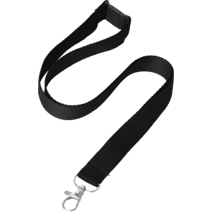 A black ribbed lanyard measuring 20mm, featuring a clip and a buckle. Suitable for events and exhibitions.