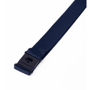 A navy blue flat ribbed lanyard with a black plastic clip and a logo. Suitable for exhibitions and events.